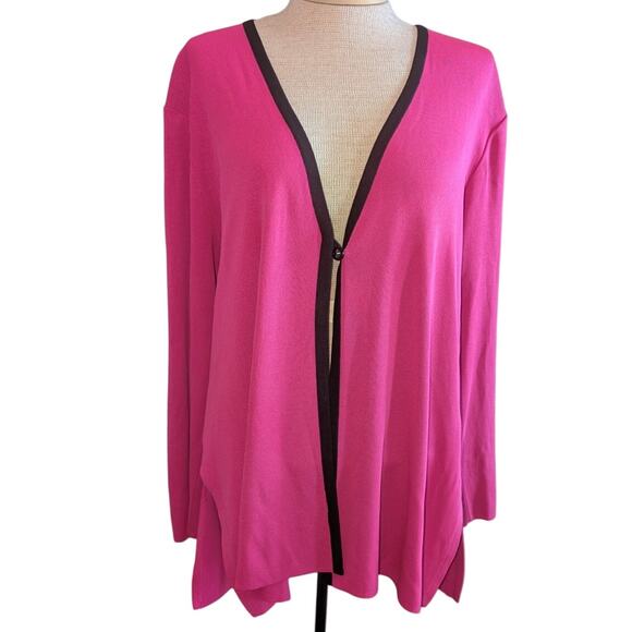 Womens Exclusively Misook One Button Slinky Cardigan Dark Pink Black Trim Sz XL - Picture 1 of 3
